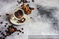 Coffee beans in cup with cinnamon sticks and star anise with copy space 4djoa0