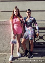 London, England, United Kingdom - September 15th, 2019: Two woman in streetwear standing outside 5RVwJ5