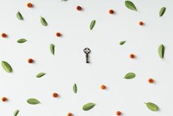 Key with coffee beans with coffee fruit and leaf pattern on light background