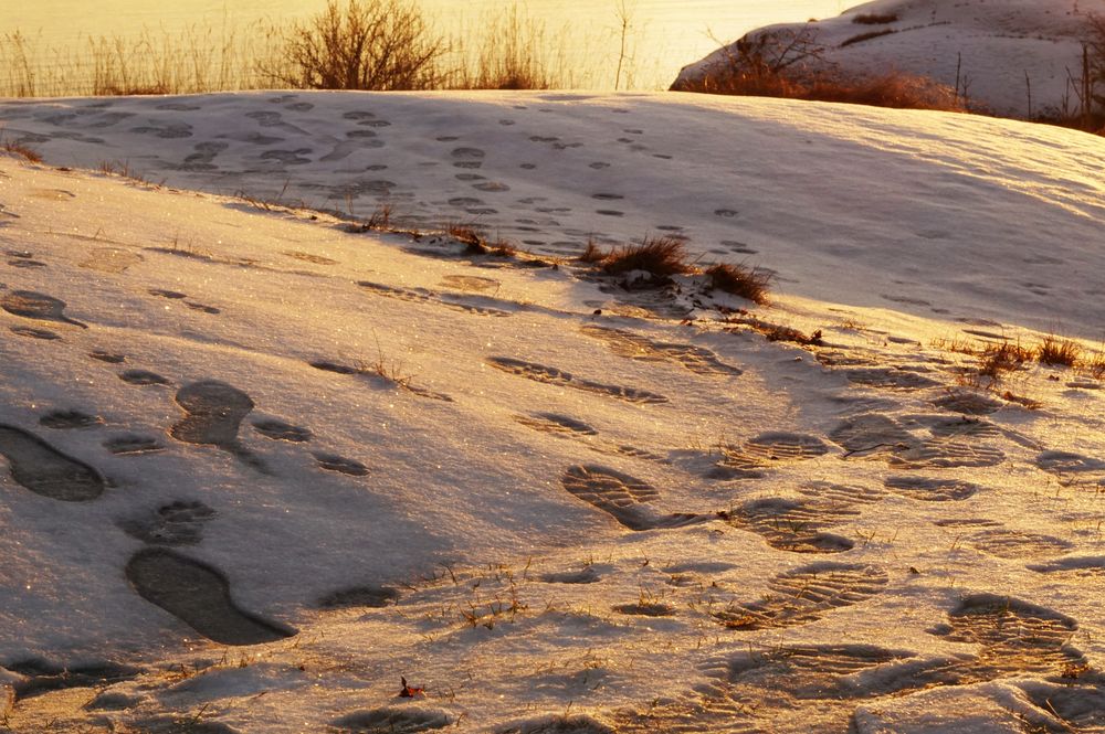 Rocky peaceful shore with snow crust in sunrays