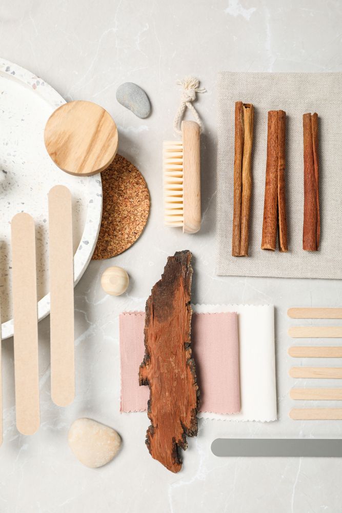 Flat lay of creative moodboard composition, top view