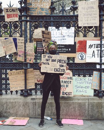 London, England, United Kingdom - June 6th, 2020: Woman standing among BLM signs