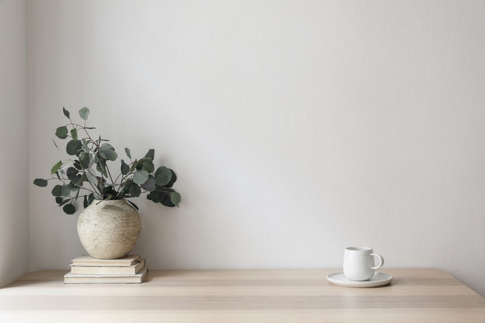 Minimal breakfast still life cup of coffee, tea, empty wall in sunlight table, vase with silver eucalyptus leaves, branches on old books