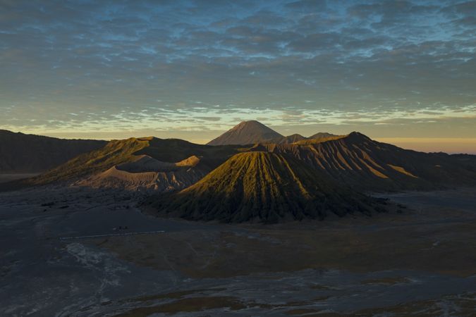 Bromo active volcano at sunrise, seen from the King Kong Hill viewpoint in East Java, Indonesia
