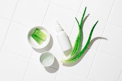 Aloe vera plant and bottle on bathroom tiles