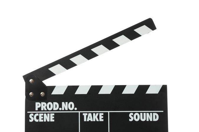 Clapper board isolated on blank background, close up