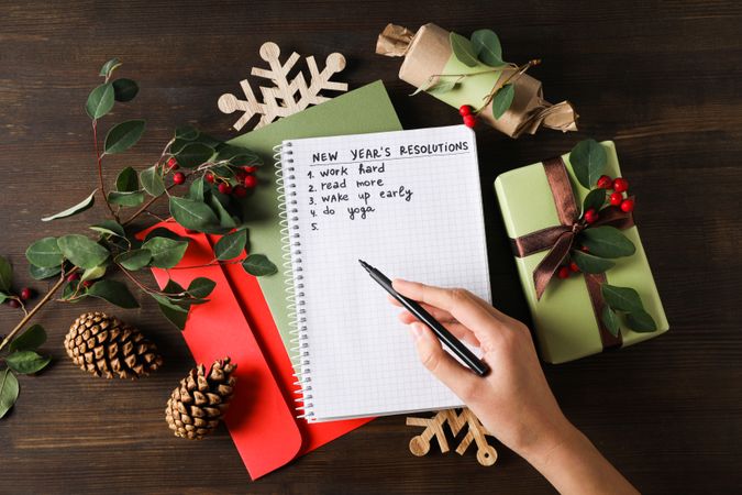 Concept of New Year Resolutions list, new year goals, top view
