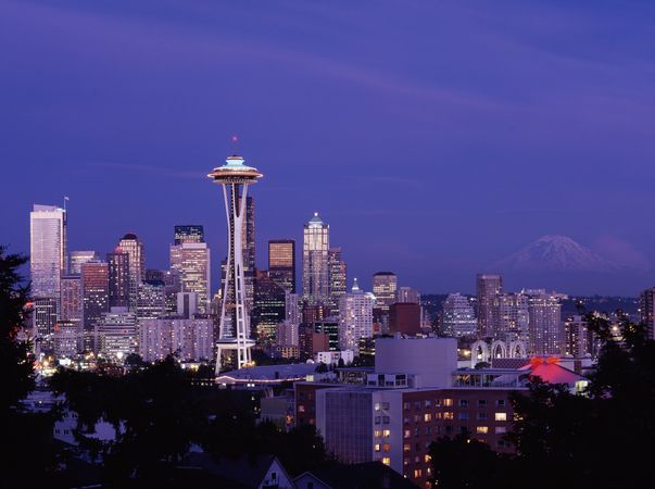 Skyline of Seattle at night, Seattle, Washington