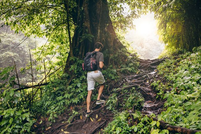 Young man hiking in tropical jungle with backpack