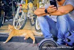 Man sitting on sidewalk using phone while cat lying beside 5nmpl0
