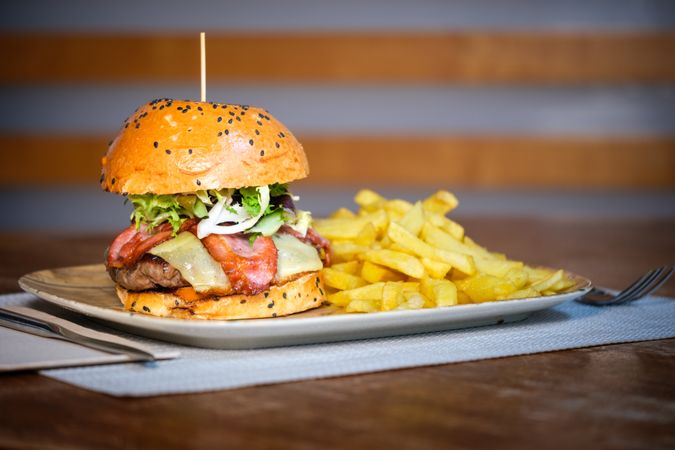 Tasty hamburger served in restaurant