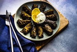 Plate with traditional Georgian stuffed grape leaves
