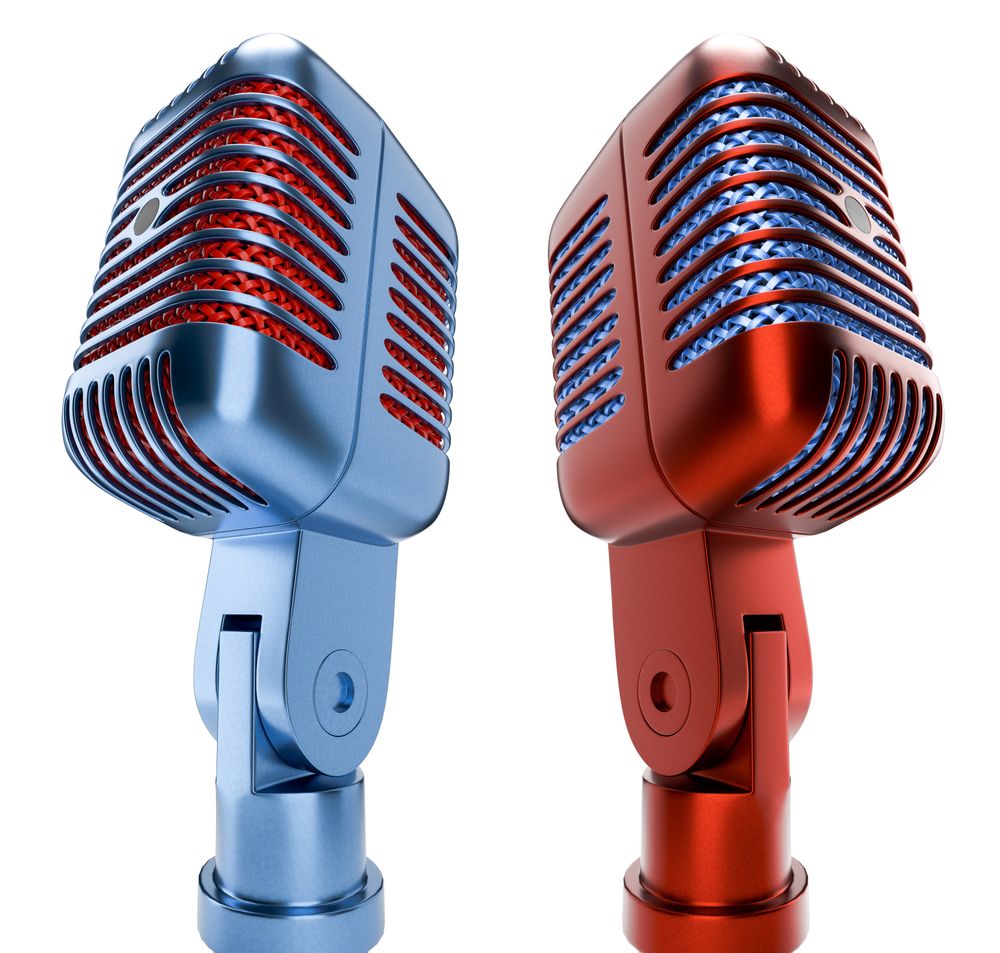 Red and Blue Classic Vintage Microphone Set Isolated on a Light Background.