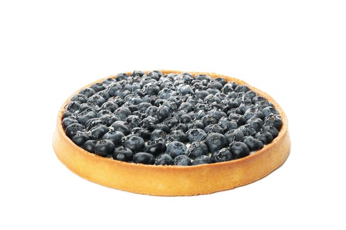 Tasty blueberry pie isolated on light background