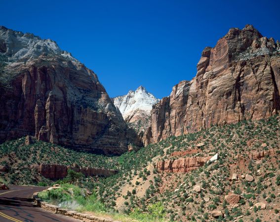 View of rock formations from the road in Zion National Park, Utah