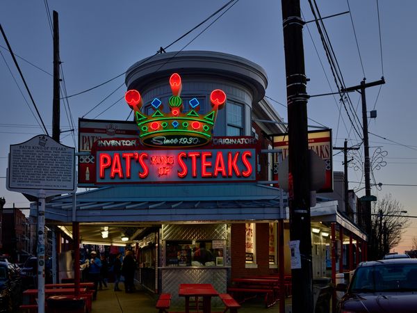 Dusk shot of Pat’s Steaks restaurant, Philadelphia, Pennsylvania