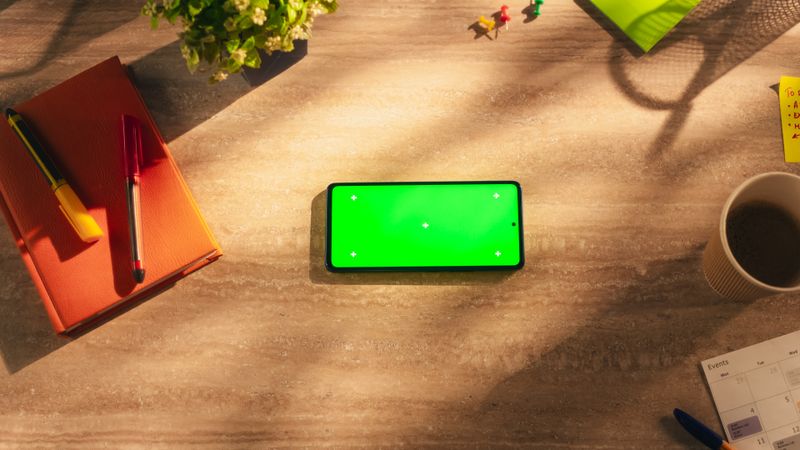 Top Down View of a Smartphone with Mock Up Green Screen Display. Phone Lying Horizontally on a Wooden Table in a Creative Office. Template for Digital Marketing, Social Media and Screen Replacements