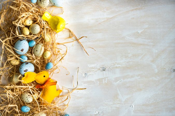 Colorful Easter eggs surrounded with hay with space for text