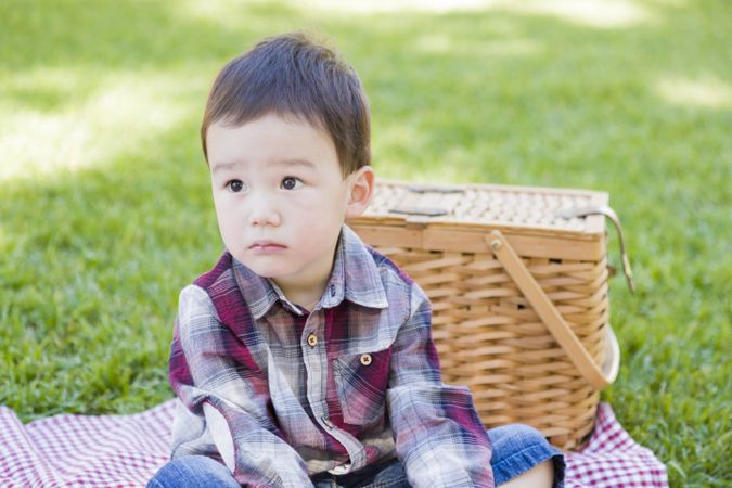 Biracial Boy Sitting in Park Near Picnic Basket