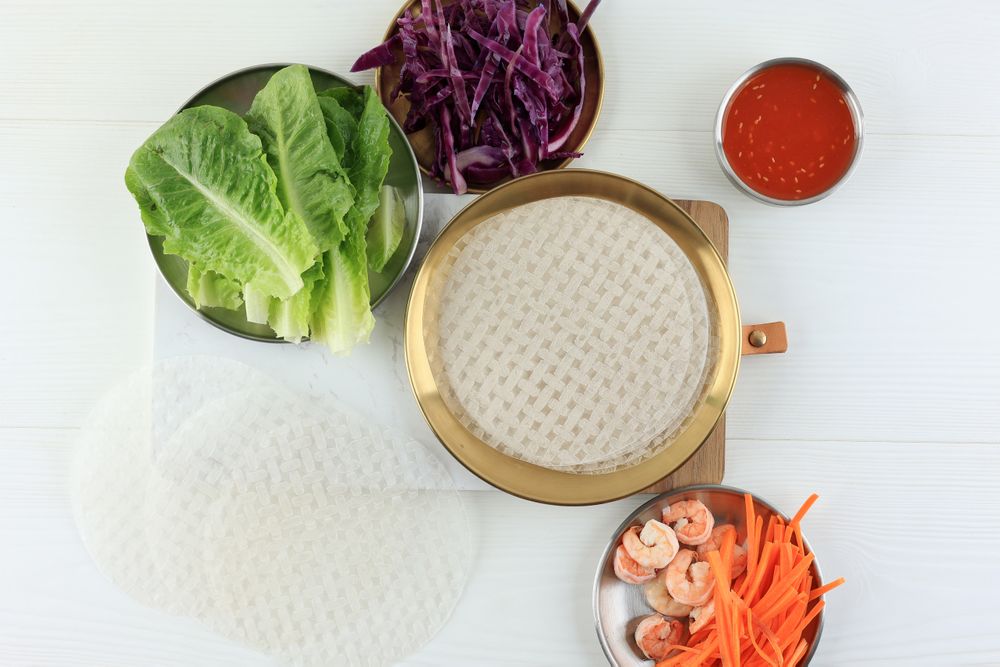 Rice Paper with Ingredient for Making Vietnam Spring Roll, Fresh Vegetable, Shrimp, and Sauce