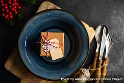 Navy plate with present, on table with holiday pine 5l1Me4