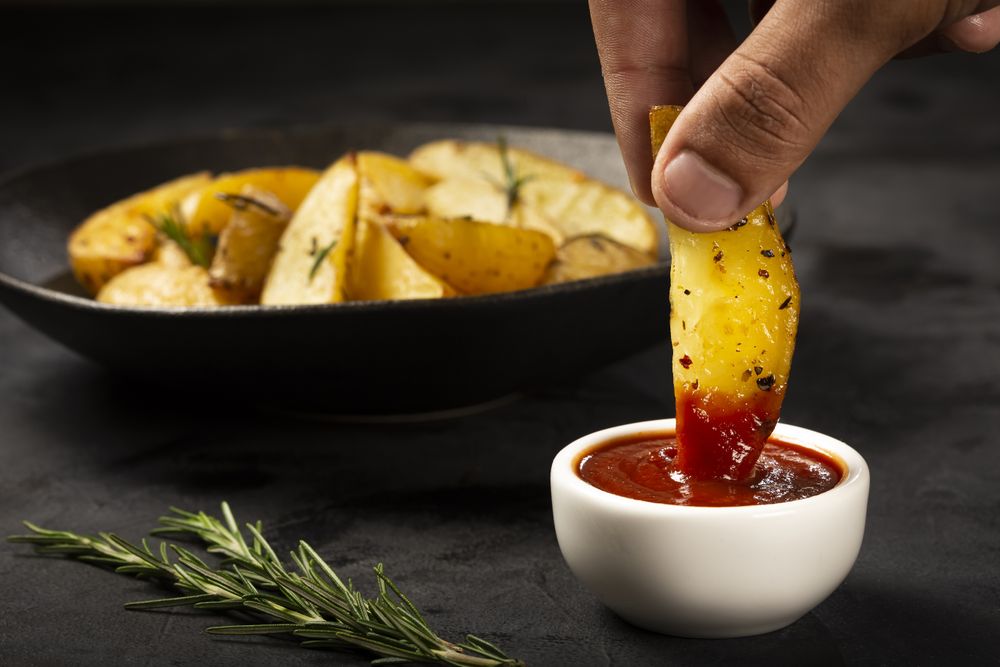 Roasted potatoes with rosemary on the plate.