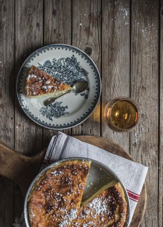 Cottage cheese pudding and glass of cognac