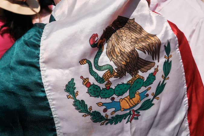 Mexico City, Mexico - February 26th, 2022: Close up of bird with snake on Mexican flag