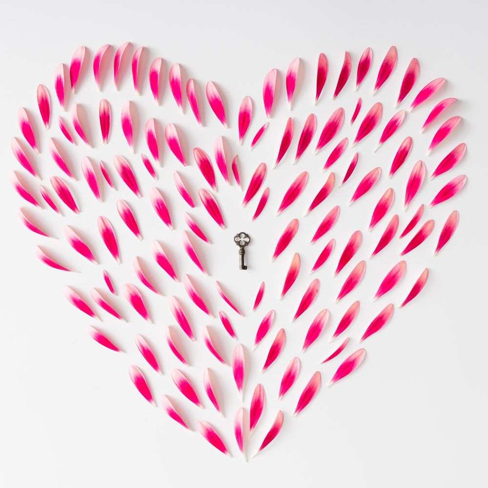 Heart made of pink flower petals with key