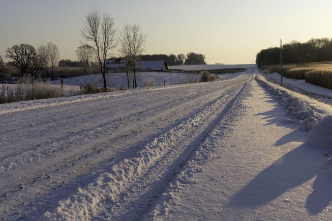 Car tracks on a snowy road
