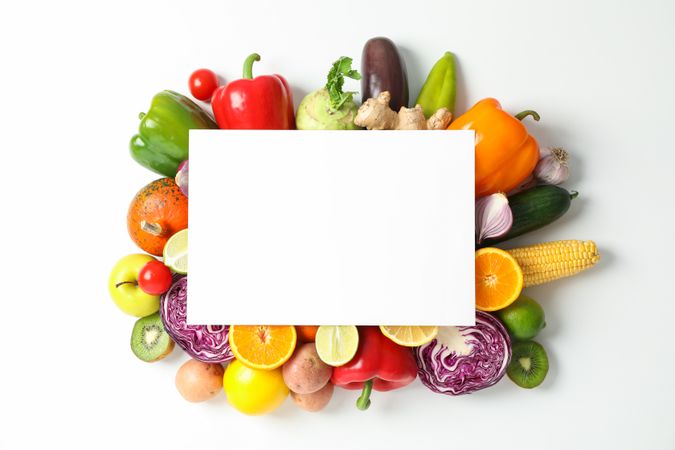 Vegetables, fruits and space for text on plain background, top view
