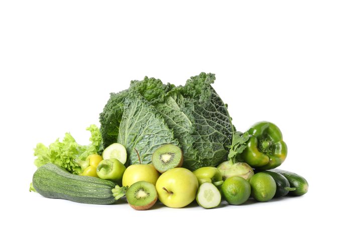Fresh vegetables and fruits isolated on blank background
