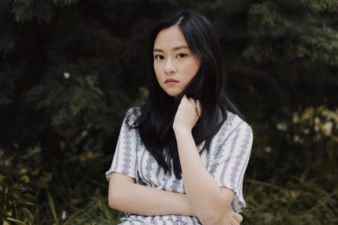 Girl wearing light and blue pattern dress