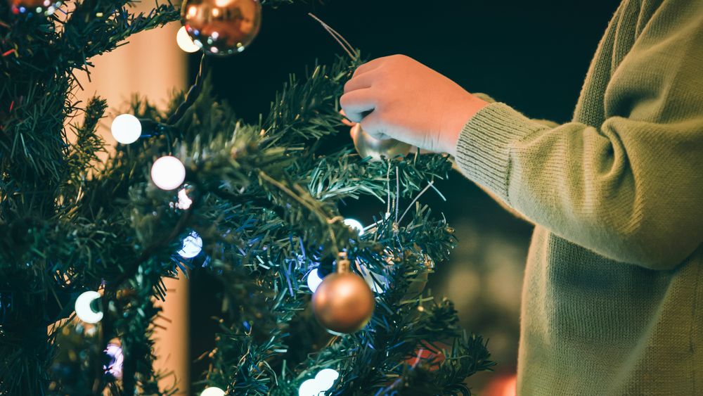 Boy decorating Christmas tree in evening