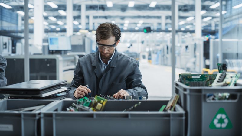 Male Worker Disassembling Old Laptops To Recycle Electronic Components For Sustainable Microchip Production At an Electronics Factory.