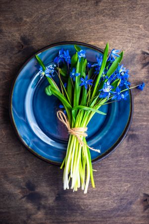 Top view of Easter table setting with lush scilla flowers