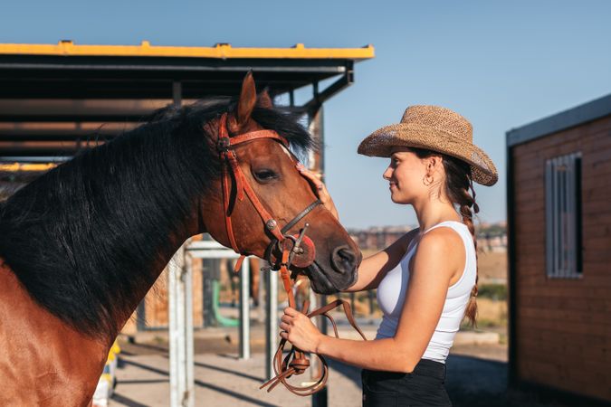 Woman taking care of his brown horse in an equestrian center