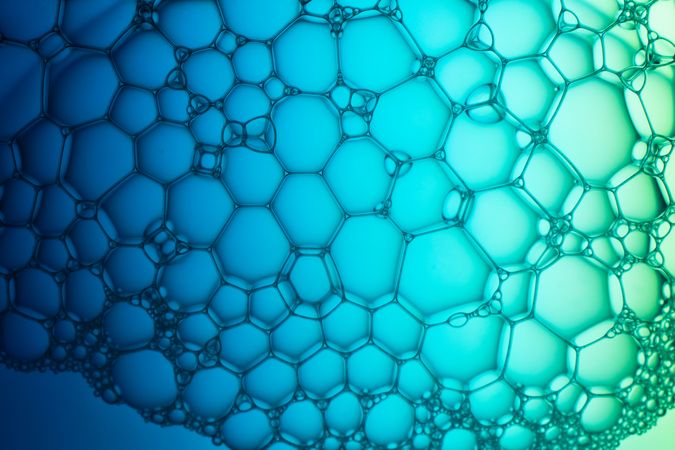 Abstract background bio technology, macro photography foam and water with gradient background. Molecule multicolor backgorund