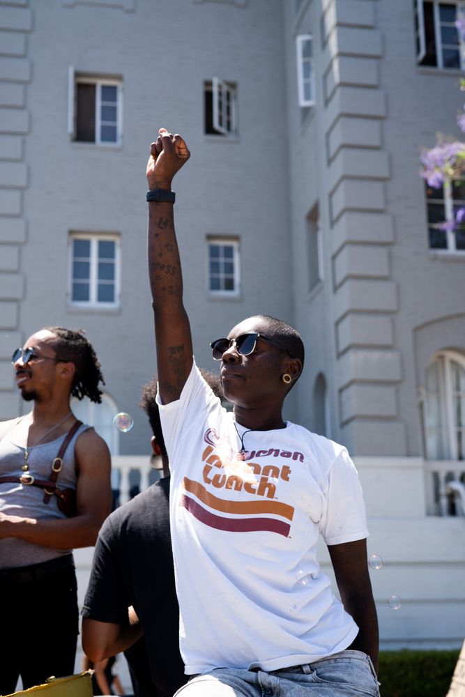 Los Angeles, CA, USA — June 14th, 2020: man with fist in air at protest march in West Hollywood