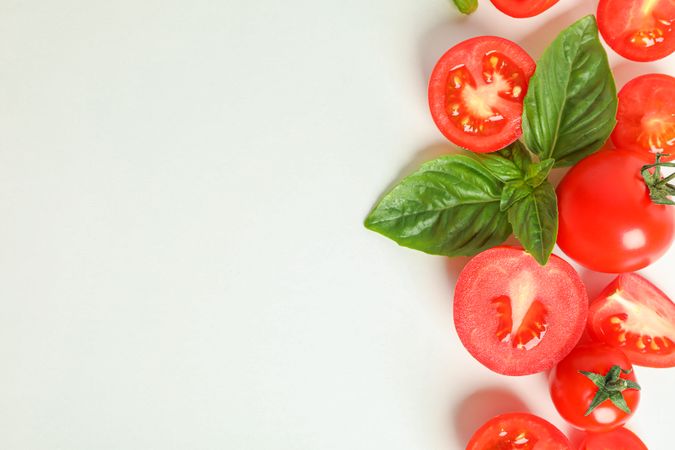 Flat lay composition with fresh cherry tomatoes and basil on studio background, space for text. Ripe vegetables