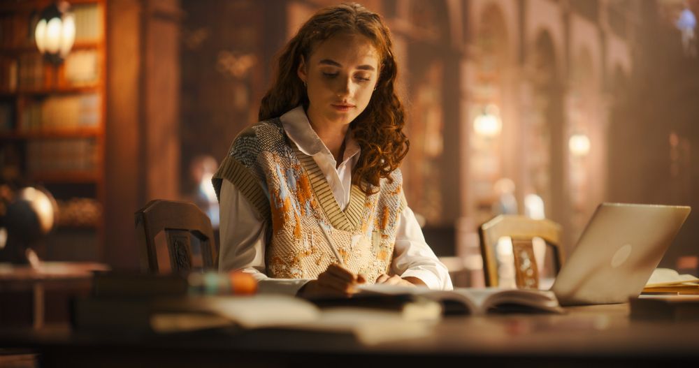 Serene Young Woman Focused on Writing Notes in a Classical Library