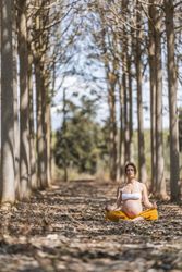 Calm adult pregnant woman practicing yoga while sitting in pose lotus on ground in park during sunny day