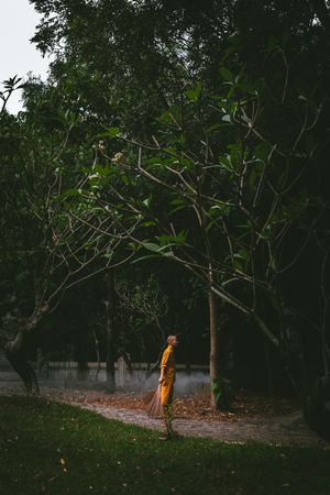 Side view of person in yellow outfit standing under a tree in forest