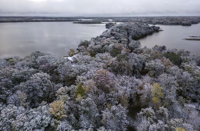 First snow from above at Big Sandy Lake in McGregor, Minnesota
