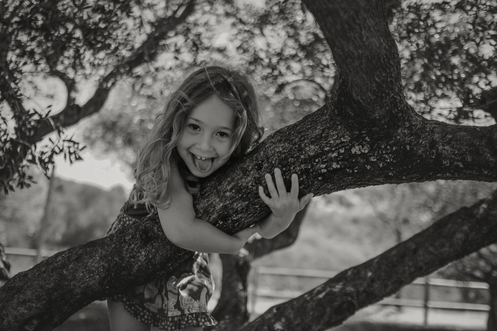 Smiling girl climbing tree in sunny day