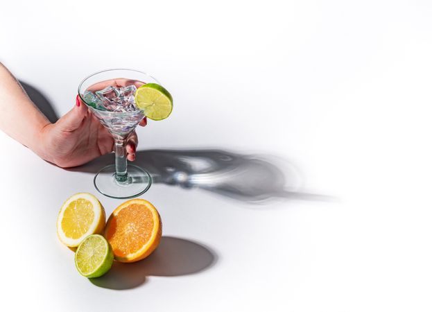 Cocktail glass with ice cubes and sliced citrus
