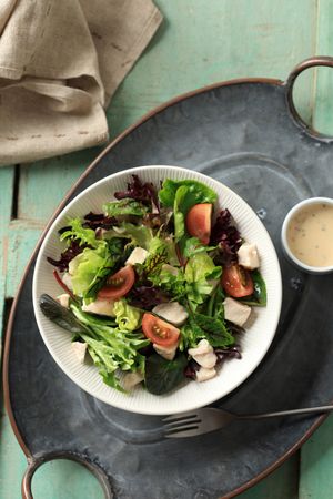 Healthy Salad Bowl with  Lettuce, Red Spinach, Cubed Boiled Chicken