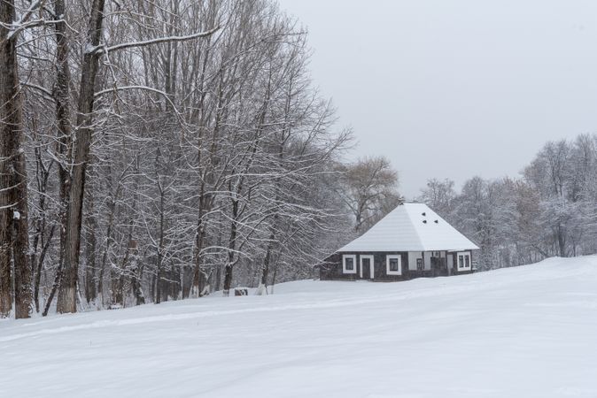Winter landscape with an old Romanian traditional wooden house covered in deep snow