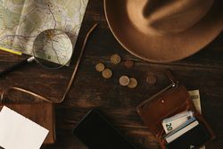 Top view aged table with travel acsessories to plan adventure route