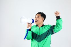 Indonesian Online Driver Grab Gojek Holding Megaphone Making Fist Hand